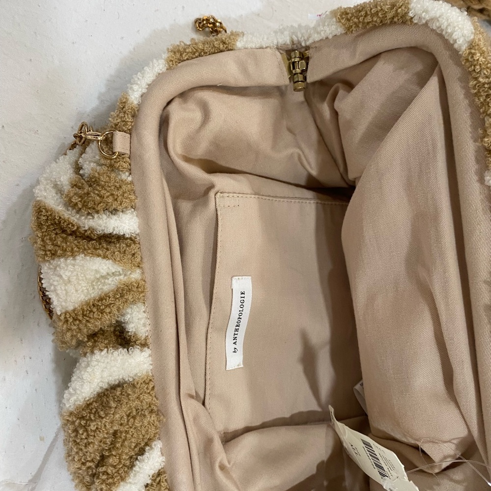 Anthropologie Neutral Beige & Cream Woven Shoulder Bag with Chain Accent